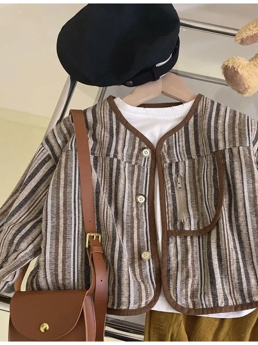 Conjunto de Jaqueta e Calças em Algodão e Linho com Listras para Meninos, Moda Primavera-Outono, Estilo Coreano, Roupa Infant...