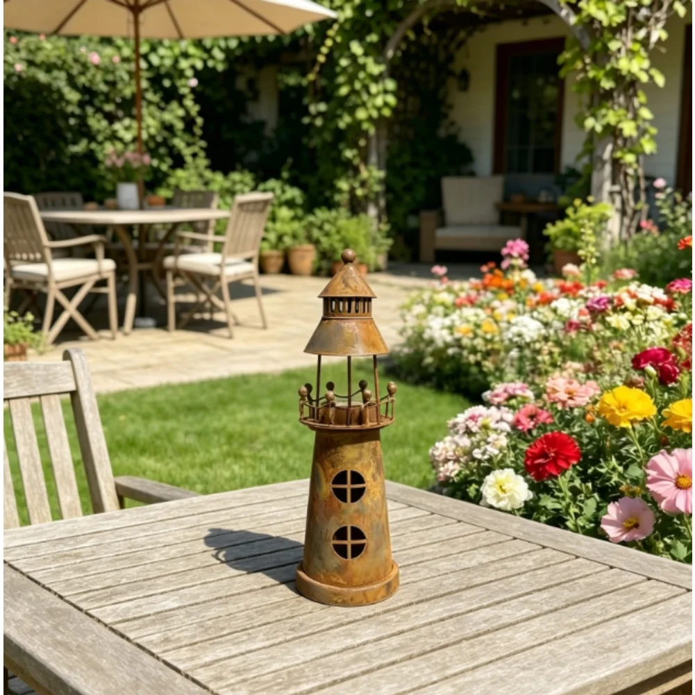 Iron Candlestick with Rust Finish Lighthouse Outline Geometric Structure for Indoor Outdoor Decoration 31.5x9cm