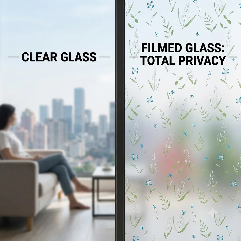 Fresh Blue Green Wild Flower Privacy Window Film with Built-in Adhesive Soft Light Diffusion Cuttable PVC for Cozy Nordic Style