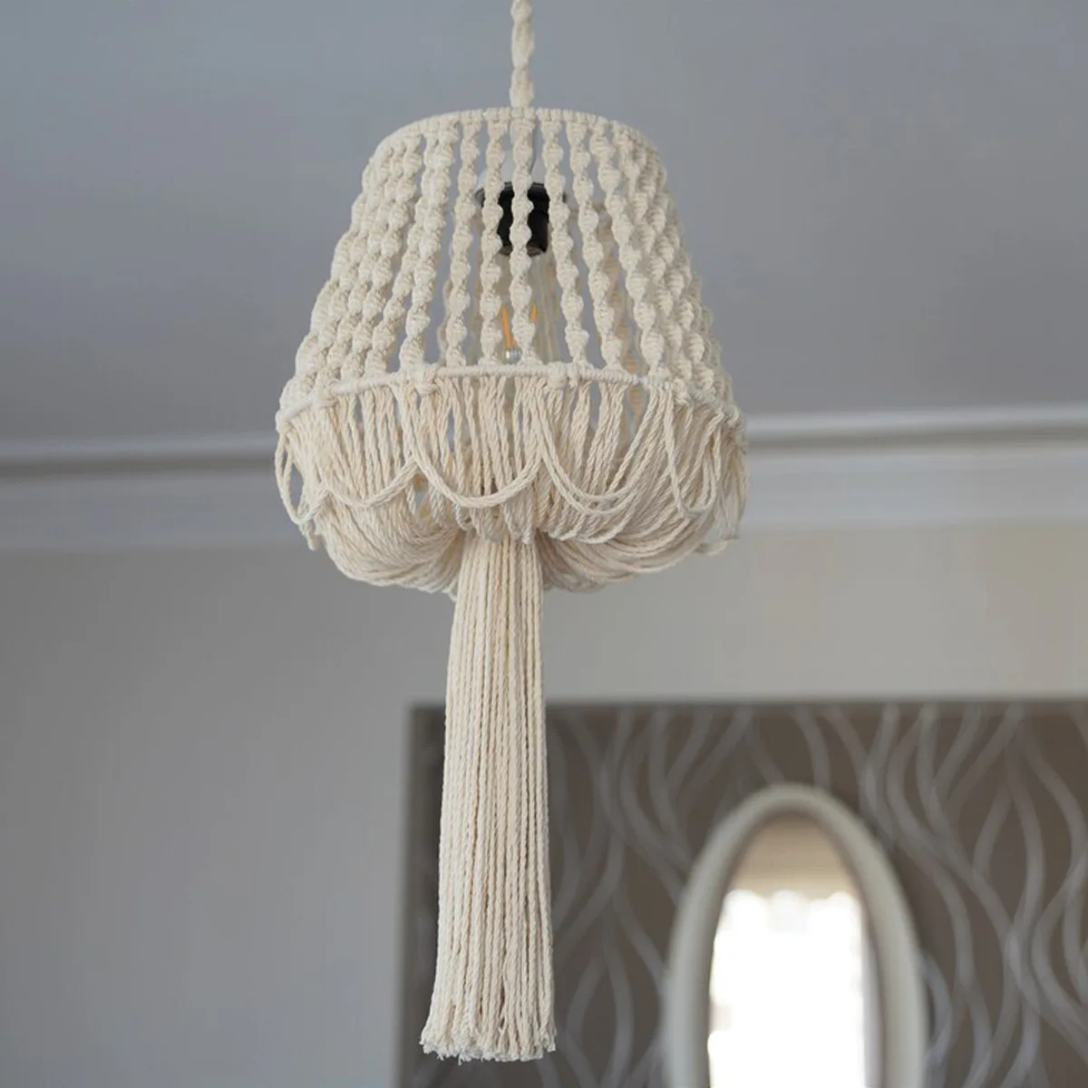 Macrame Chandelier Handamde  Macrame Lampshade Boho Hanging Lamp Cover Ceiling Pendant Light For Home Bedroom Chandeliers