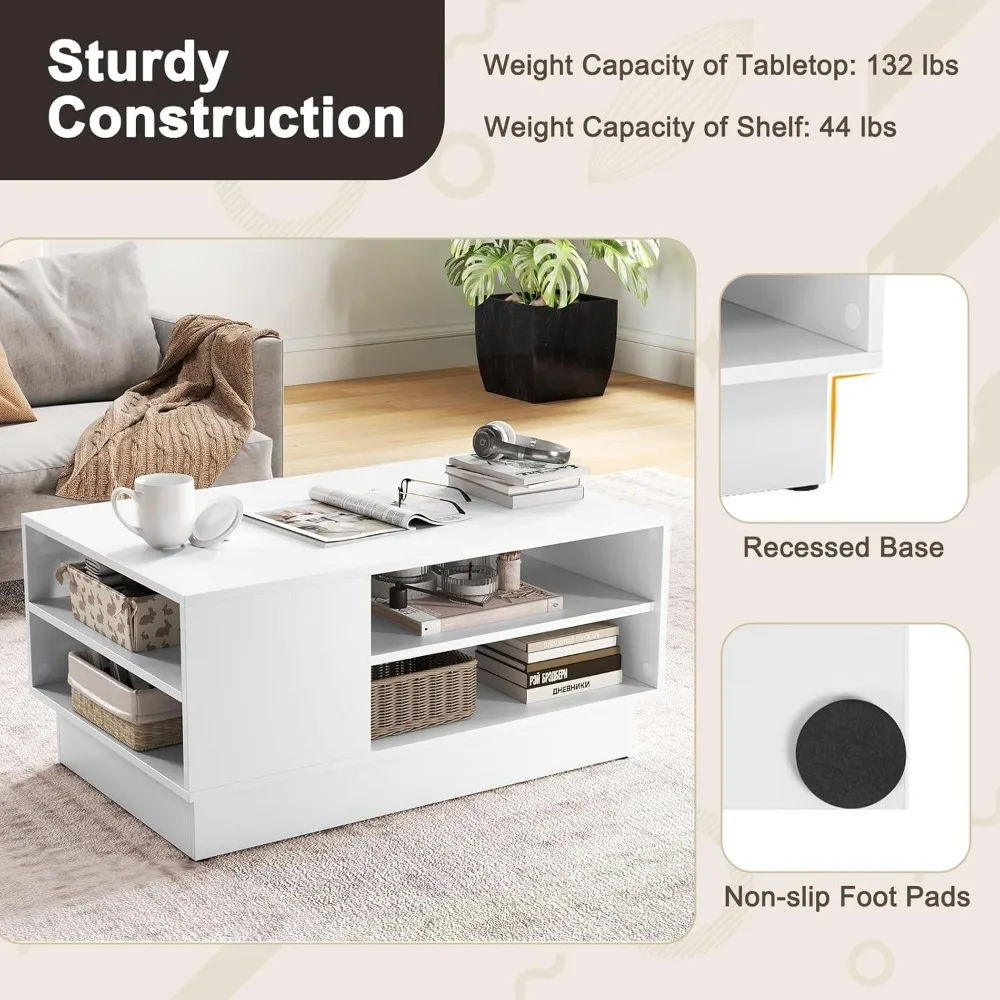 Contemporary Rectangular Coffee Table with 34 Wooden Top and Dual-Tier Open Shelving for Storage