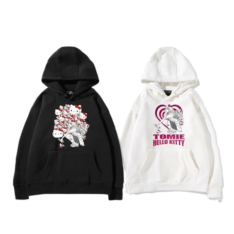 Miniso Men and Women Autumn and Winter Plus Velvet Hooded Hoodie Kawaii Hello Kitty Cartoon Crew Neck Keep Warm Student Clothing