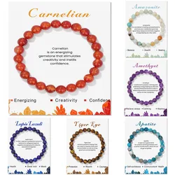8mm Natural Carnelian Beaded Bracelets For Women Men Blue Apatite Lapis Lazuli Turquoises Tiger Eye Stretch Bangles With Card