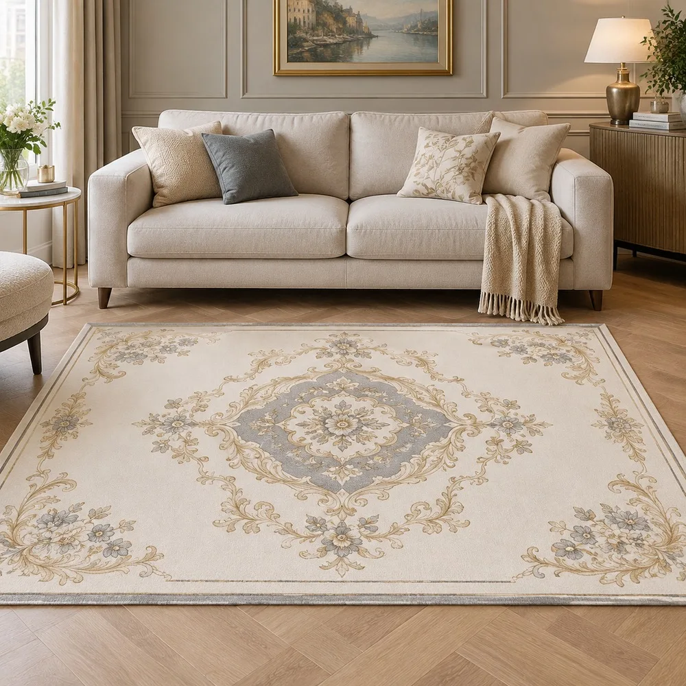 VIKAMA Area Rug Cream Ivory Gold Line Symmetrical Bloom Washable Bedside Laundry Room Staircase Master Bedroom Home Decoration