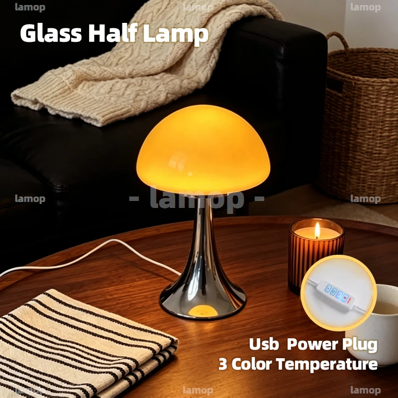 Semi‑circular Umbrella Glass Table Lamp,3‑Level Dimmable USB Powered, Desktop Ambient Decor Lamp for Bedroom Study Living Room