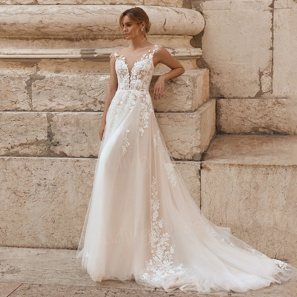 Fascinating A Line Women's Wedding Dresses Lace Appliques Vestidos De Novias De Boda Customized Bride Gowns Sleeveless Vestidos