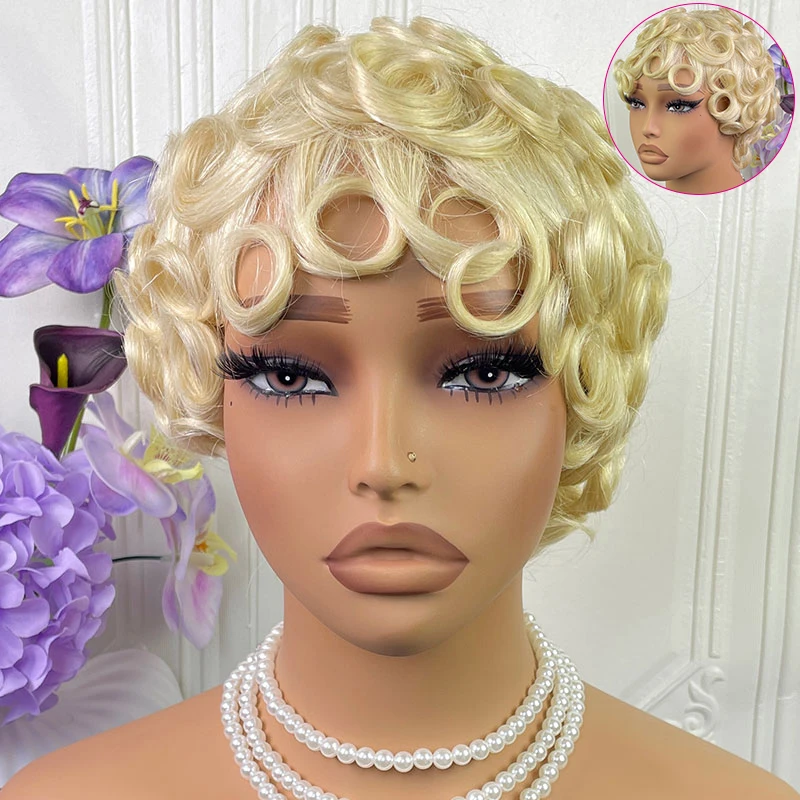 Cheap Pixie Cut Wigs Human Hair Short Curly Pixie Cut Wigs For Black Women Brazilian Full Machine Made Wig Pixie Curly 613 Color