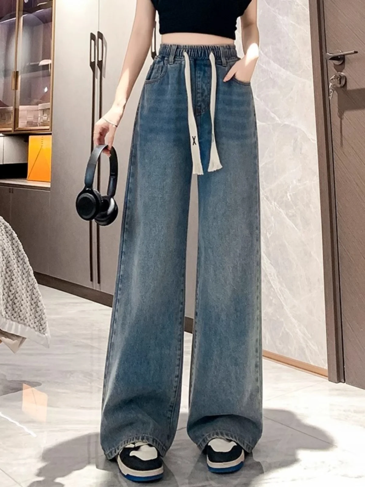 

Широкие джинсы с высокой талией, женские повседневные утягивающие синие джинсовые брюки, всесезонные модные брюки больших размеров, брюки мм с эластичной резинкой на талии