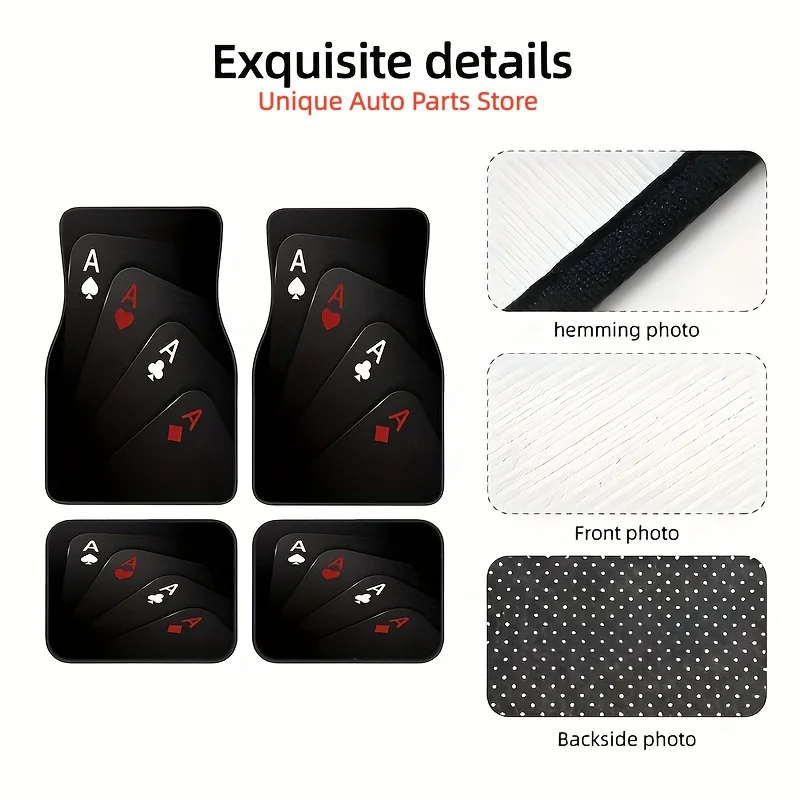 4pcs Poker Style Rubber Floor Mats - Non-Slip, Easy-Clean Car Mat with Ace of Spades Design, Synthetic Rubber, Perfect for Front