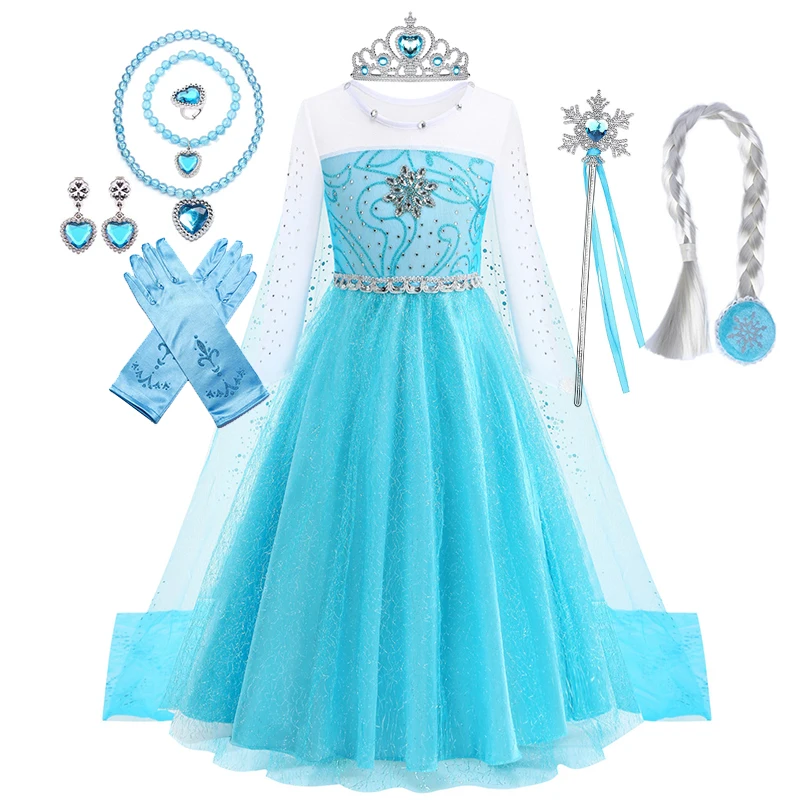 Mädchen Blaues Eis-Glitzer-Prinzessinnenkleid mit Pailletten und Netzstoff für Halloween, Geburtstag, Karneval, Kinder-Cosplay-Party-Outfit – Detail 3