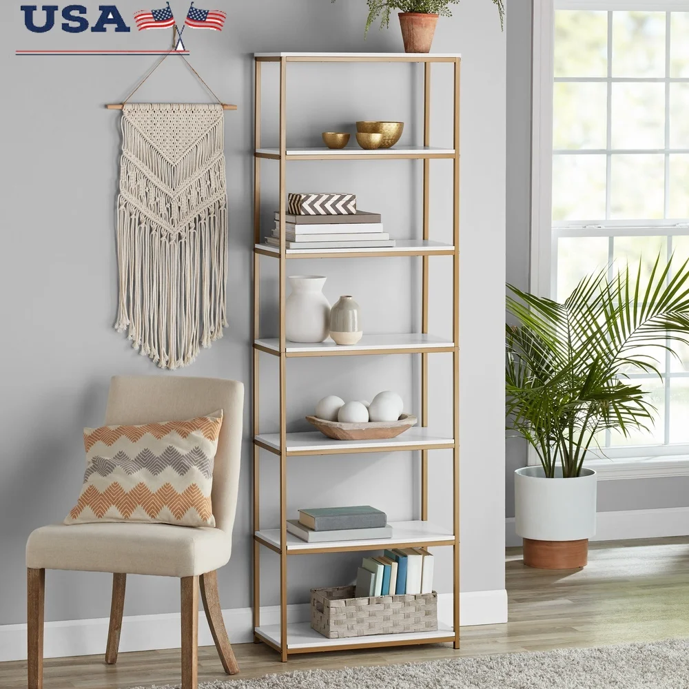 

Gold Metal Frame Bookcase with 6 Open Shelves Storage and Display in Living Room Office Bedroom Easy Assembly