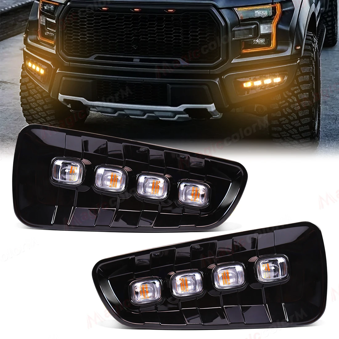 1set Daytime Running Lights For Ford Raptor SVT F150 2009 2010 2011 2012 2013 2014 DRL LED Fog Lamp Yellow Turn Signal Light