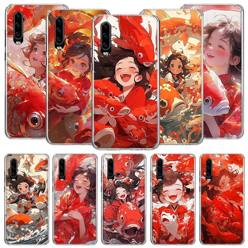 Red Lucky Koi Fish Girl Phone Case For Huawei P50 Pro P10 P20 P30 P40 Lite Cover Mate 40 30 20 10 Lite Capa Shell