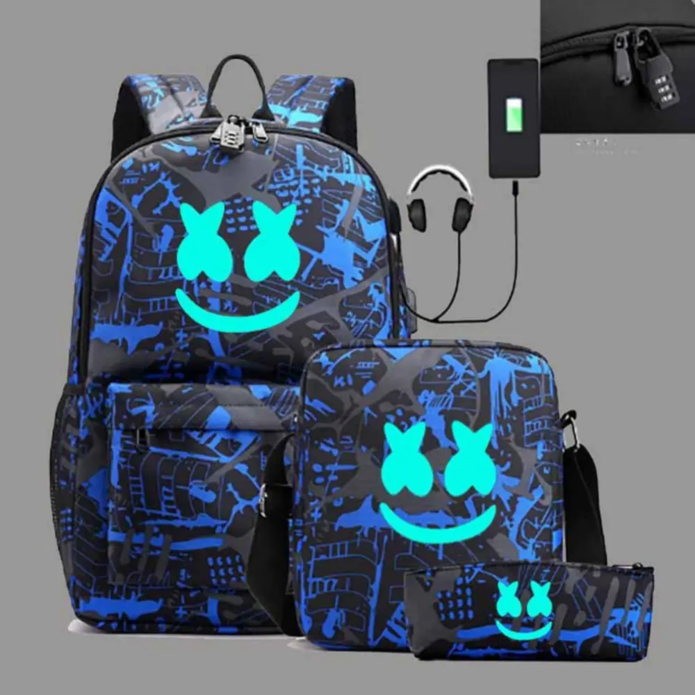 Luminous Backpack Sets DJ Marshmello Women Men USB Outerdoor Laotop Backpack Teens School Bags Capacity Mochilas 3Pcs