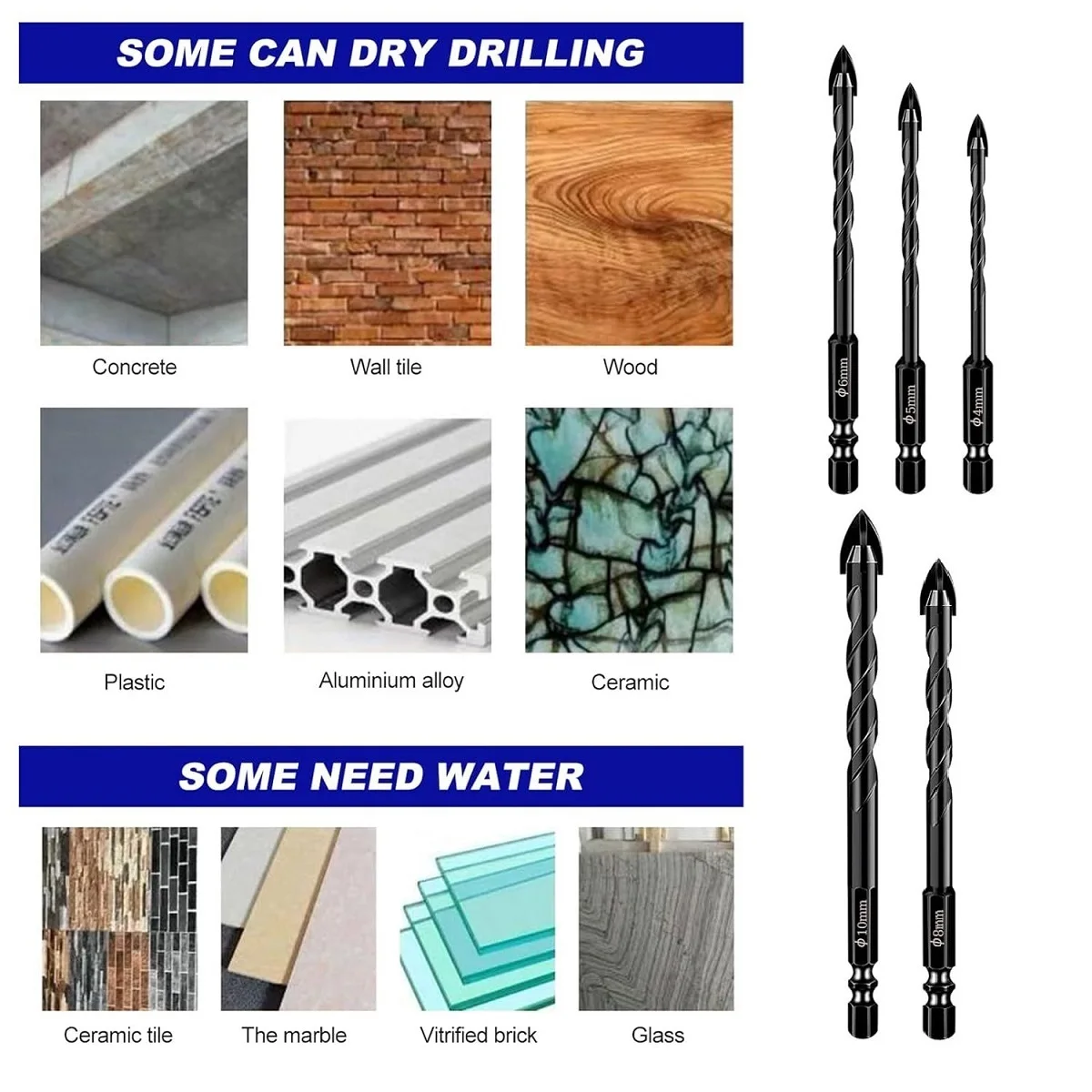 Set 5 Mata Bor Segitiga untuk Ubin Kaca Beton Batu Kayu Plastik dengan Gagang Hexagonal Pembuka Lubang 4 5 6 8 10MM Hitam