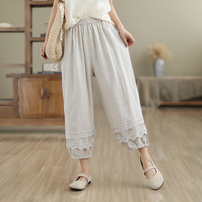 New Arrival Summer Arts Style Women Lace Patchwork Cotton Linen Ankle-length Pants Casual Loose Elastic Waist Harem Pants S149