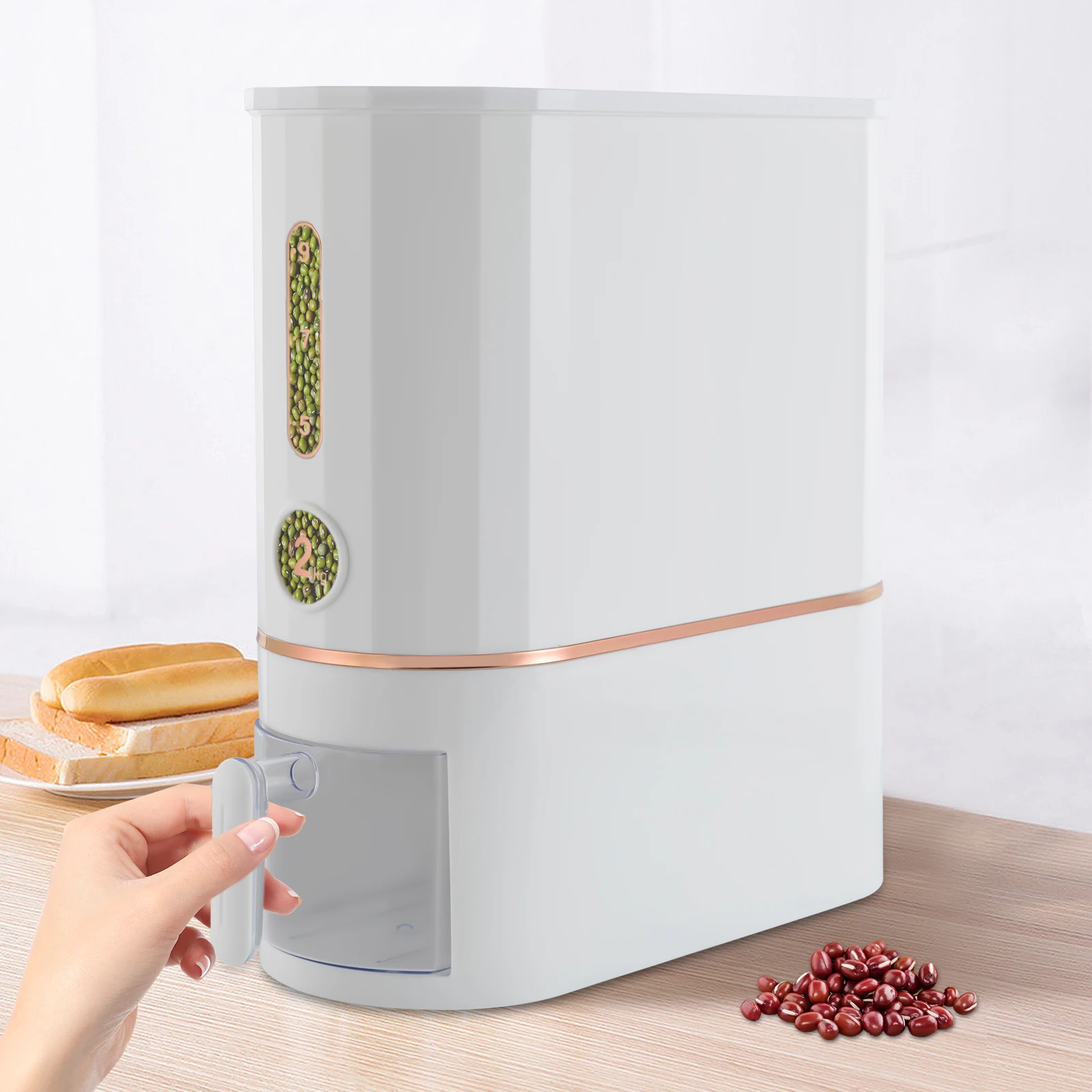 

White, 10 kg / 22.05 lbs Rice Dispenser, Airtight Food Dispenser with Measuring Cup, Dry Food Storage Container for Rice, Beans