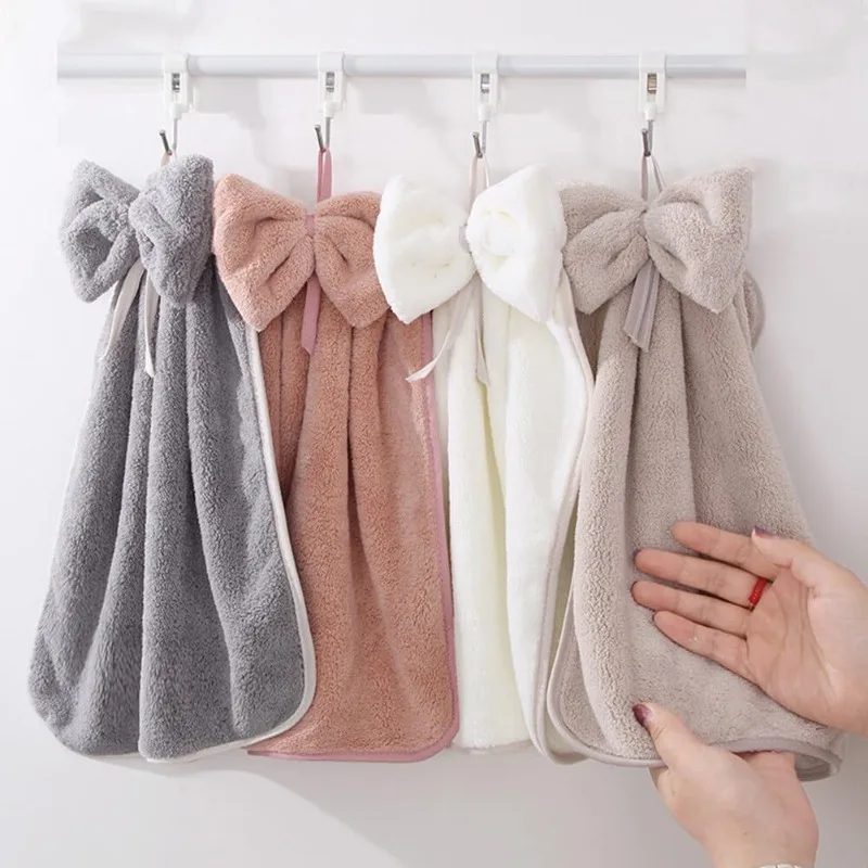 3Pcs Coral Fleece Bow Hand Towel Hanging Absorbent Bathroom Washcloth Quick Dry Kitchen Handkerchief