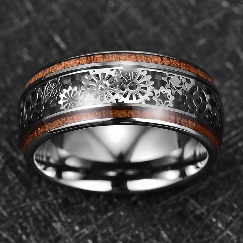 Fashion Steampunk Gear Wheel Stainless Steel Rings Inlay Koa Wood Rings For Men High Polished Hiphop Punk Rock Biker Jewelry