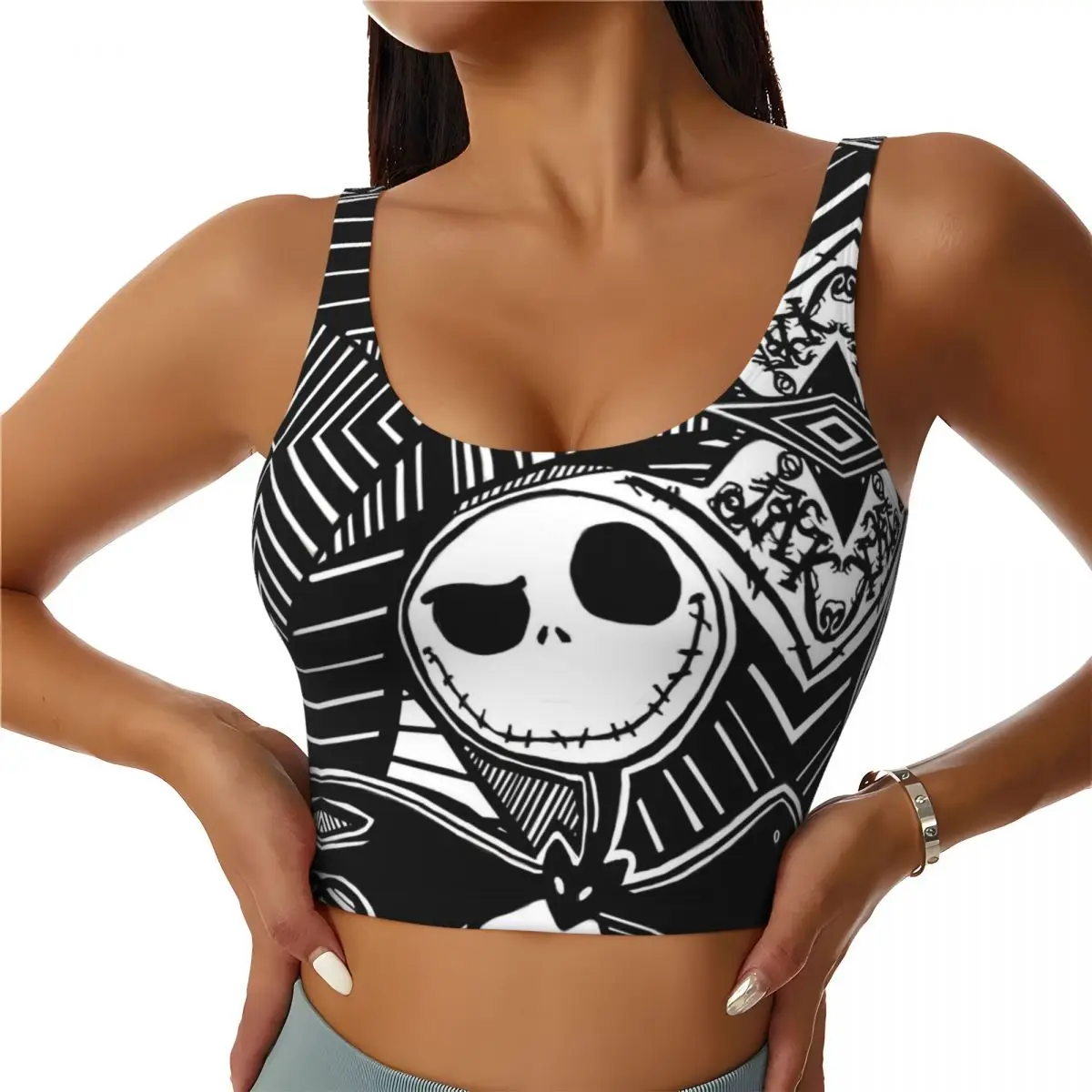 Custom Women's Nightmare Before Christmas Sports Bras Skellington Halloween Skull High Impact Gym Workout Running Crop Tank Tops