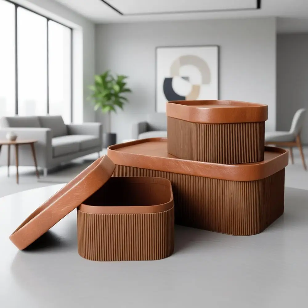 

Sturdy Leather-Like Lidded Cardboard Storage Baskets, Stackable Decorative Trays, Chocolate Brown, 3-Piece Set