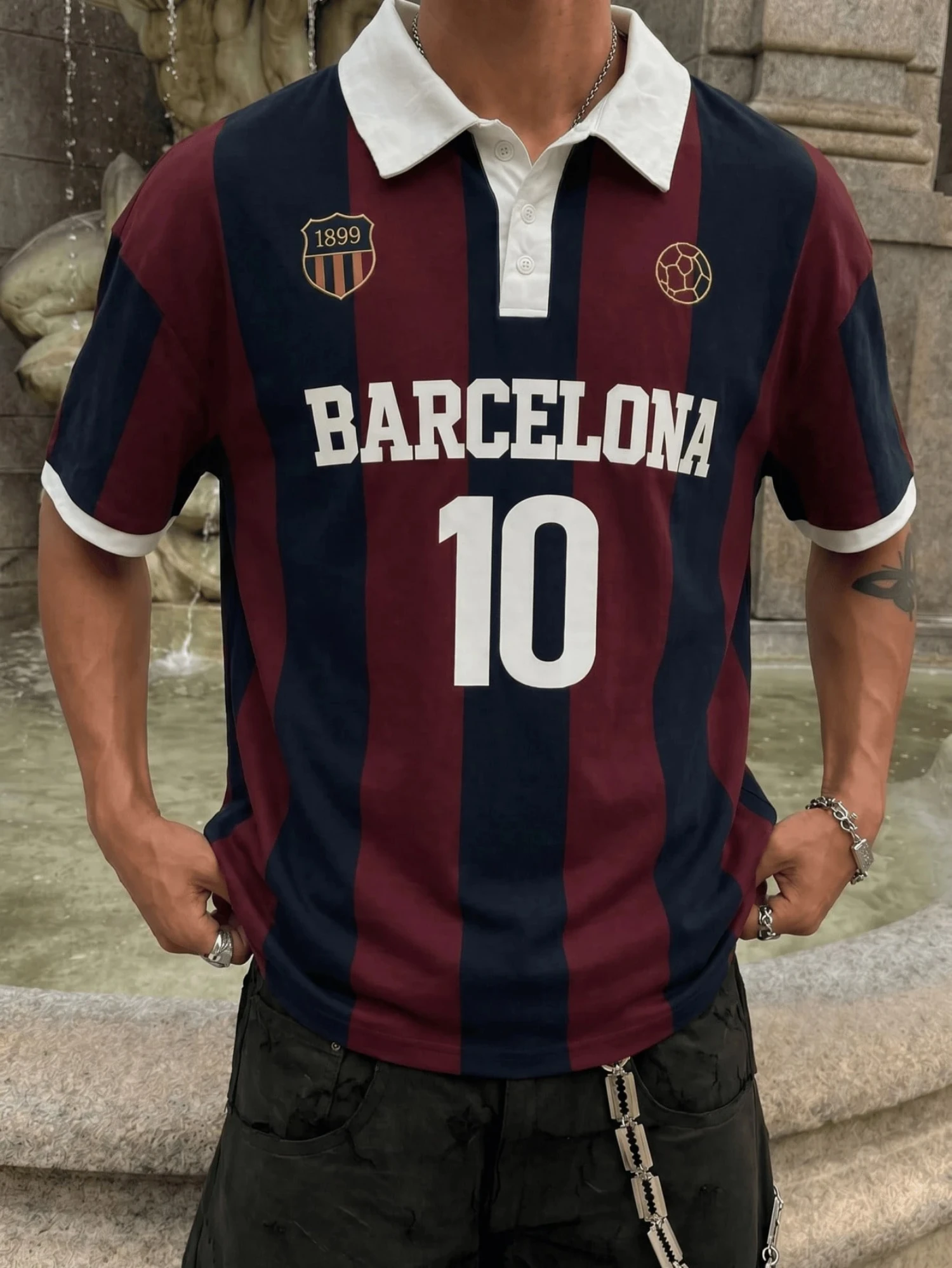 Herren Barcelona Fußball-Trikot-Stil Poloshirt, Gestreiftes Muster T-Shirt, Retro Fußball-Stil Lässiges Tägliches Sport-Sommer-Polo-Oberteil – Detail 4