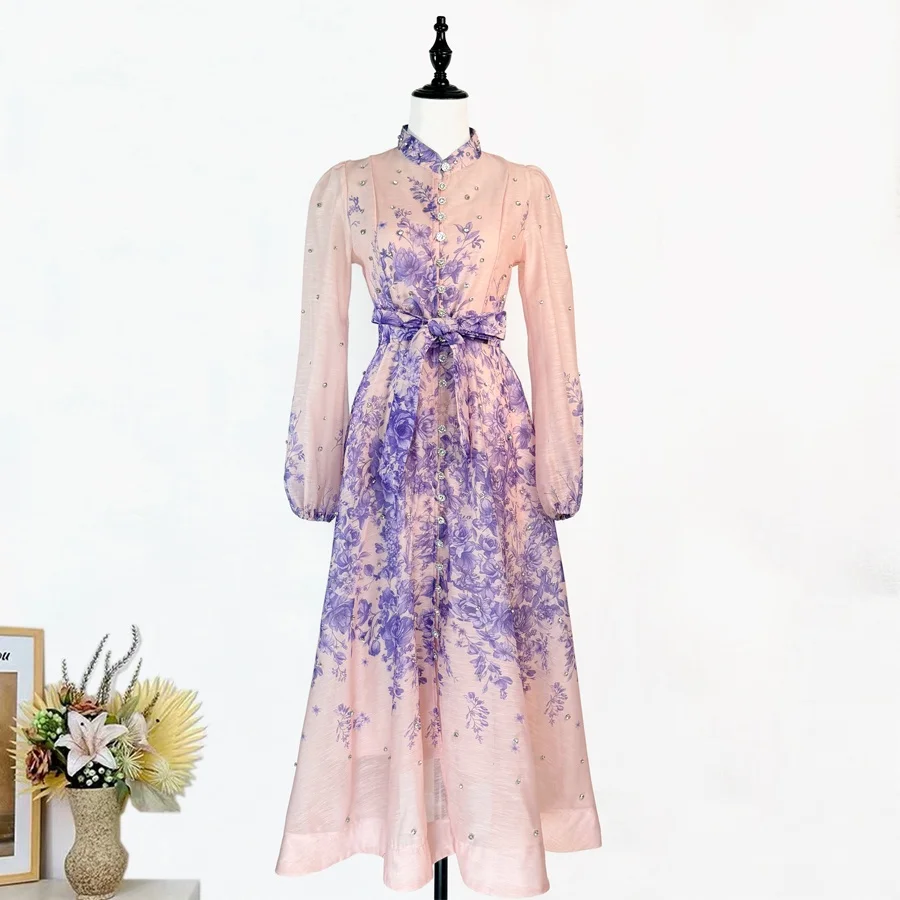 

Ele Long Sve Printed Dr Stand Collar High Waist Polymide Spring Summer Autumn New Arrival Women's Ciwalk A-Line D...