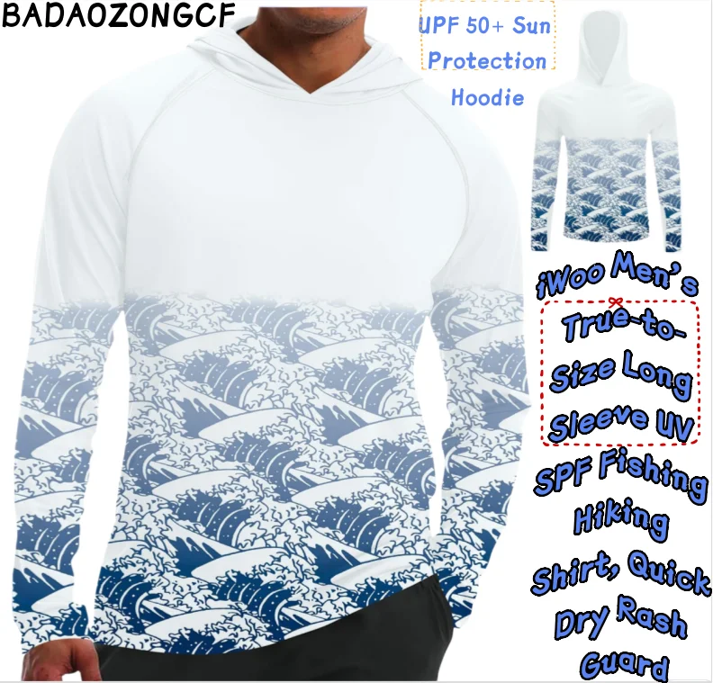 iWoo Men's UPF 50+ Sun Protection Hoodie, True-to-Size Long Sleeve UV SPF Fishing Hiking Shirt, Quick Dry Rash Guard