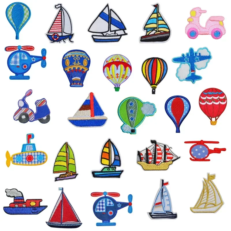 Small Sailing Boat Pattern Embroidery Iron on Patch Cartoon Plane Helicopter Steamship Cloth Stickers Colorful Balloon Appliques