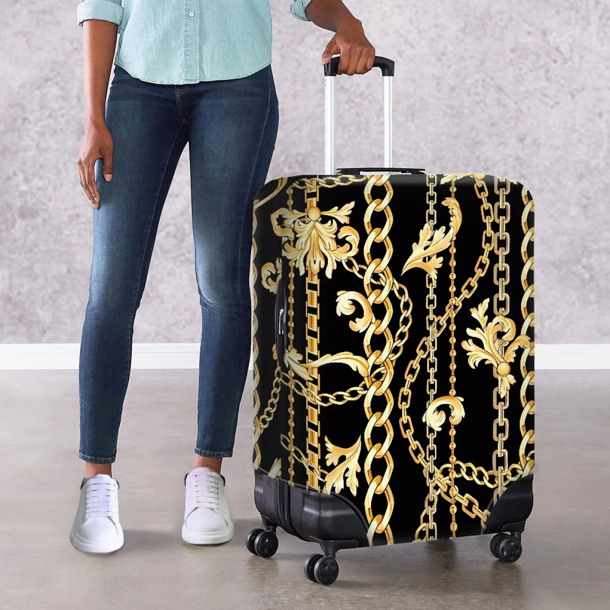 Black and Gold Luggage Cover Elastic Washable Stretch Suitcase Protector Anti-Scratch Travel Suitcase Cover 18-32 Inch Suitcase