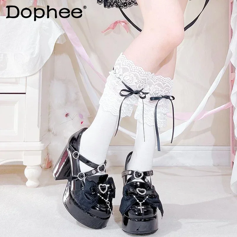 

Japanese Mass-produced Lolita High Heels Women Spring Autumn Fashion All-Match Bow Mary Jane Shoes Ladies Black Platform Heels