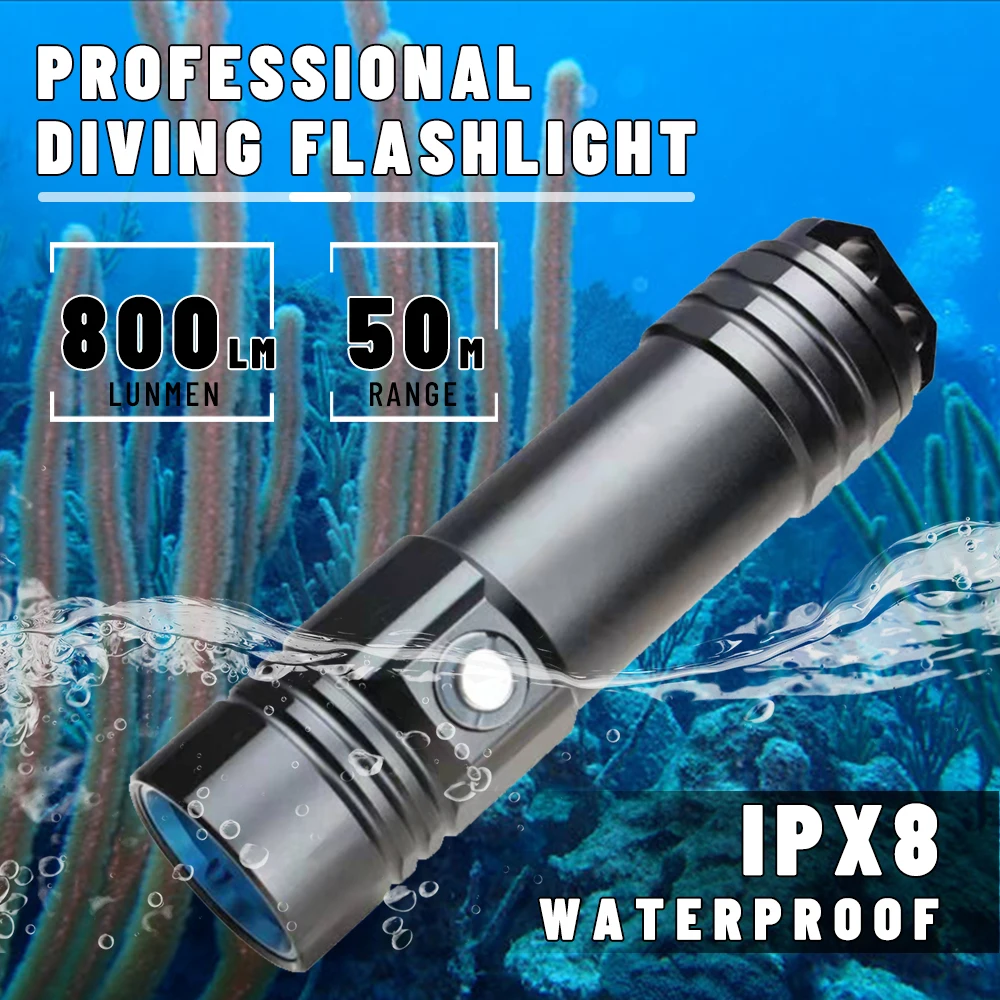 Asafee 50M Underwater L2 LED Diving Flashlight 800LM IPX8 Waterproof Torch 332M Range Press Switch Scuba Lantern