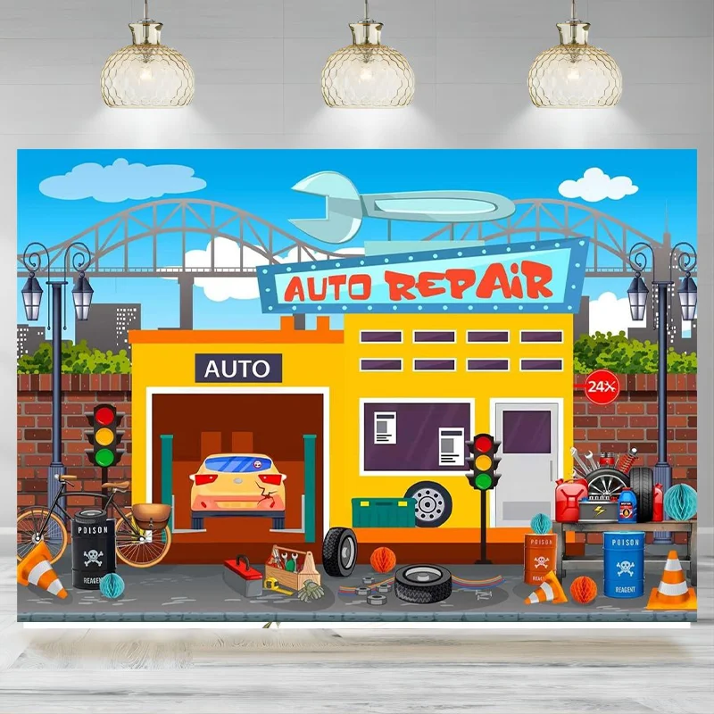 

Cartoon Auto Repair Shop Backdrop Maintenance Garage Convenience Store Photography Background Birthday Party Decor Banner