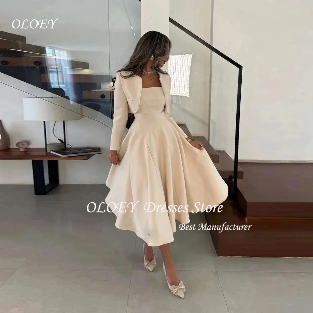 OLOEY Simple A Line Evening Dresses with Jacket Square Collar Neck Mid-calf Length Wedding Party Gown Zipper Back Customized