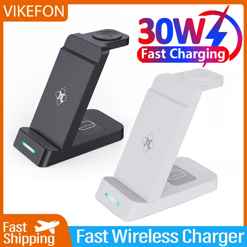 VIKEFON 30W 3 in 1 Wireless Charger Stand For iPhone 15 14 13 12 Samsung Apple Watch Airpods IWatch Fast Charging Dock Station