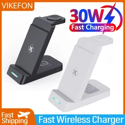 VIKEFON 30W 3 in 1 supporto per caricabatterie Wireless per iPhone 15 14 13 12 Samsung Apple Watch Airpods IWatch Dock Station di ricarica rapida