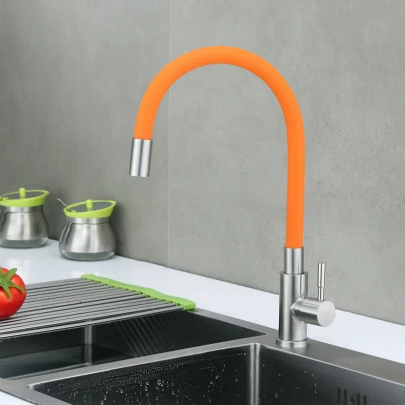

Flexible Silicone Hose Kitchen Faucet Single Cold Water Tap 360 Degree Rotating Colorful Tube Universal Sink Basin Deck Mount
