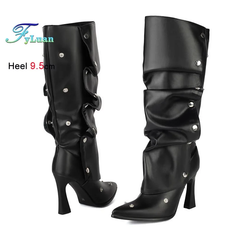 

Autumn New Women Knee Length Boots Solid Color Rivet Decoration Two Wear Stiletto Thigh Boots Pointed Toe High Heels Lady Shoes