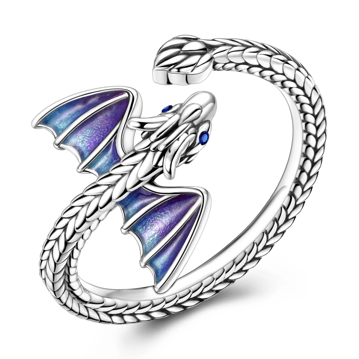 

925 Sterling Silver Vintage Dragon Open Ring for Women Blue Purple Gradient CZ Inlaid Adjustable Fine Jewelry Gift