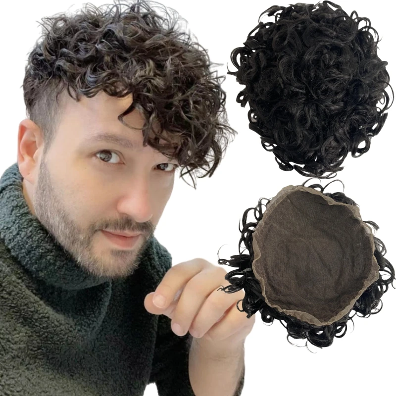Vervanging van Europees maagdelijk menselijk haar # 1B zwarte kleur 130% dichtheid 8x10 toupet 19 mm krul full lace unit voor zwarte mannen
