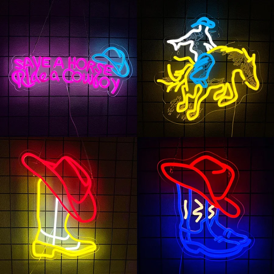 

Светодиодные красочные вывески для спальни, дома, бара, клуба, отеля, вечеринки, декор, спасите лошади, ковбойская шляпа, неоновые вывески для декора стен