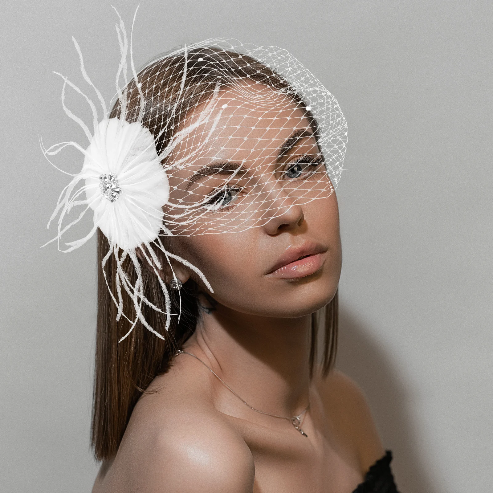 

White Hair Clip Bridal Accessories Elegant Fascinator Women Headgear Wedding Banquet Plumage Mesh Design Decorative
