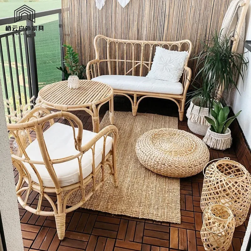 Natural Japanese Real Rattan Sofa Set for Courtyard Sunroom Garden Single Leisure Chair Outdoor Patio Furniture