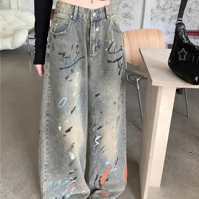 

Retro Washed Distressed Graffiti Printed Straight Jeans Women Spring Autumn High-Waisted Loose Floor-Length Wide-Leg Trousers