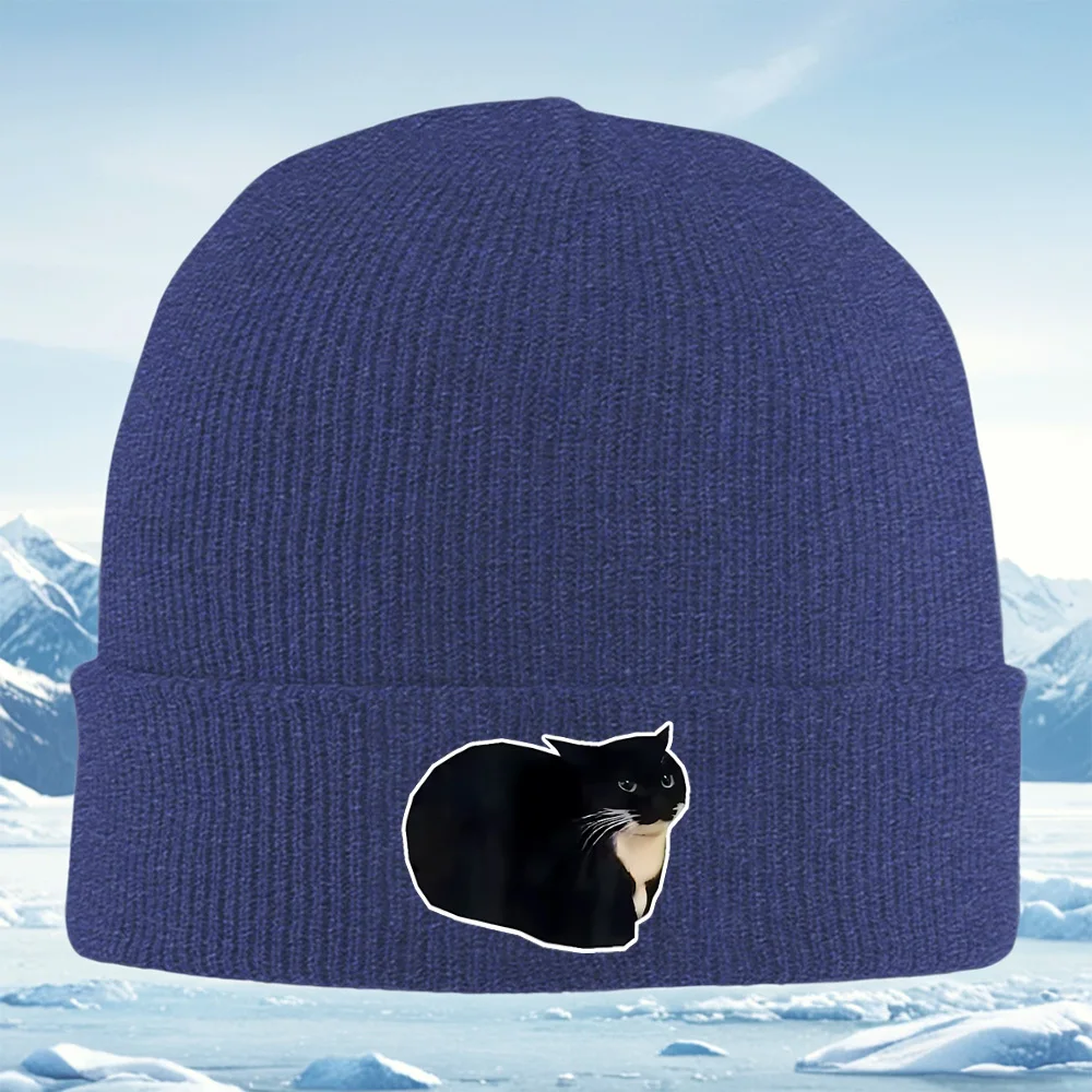 أبيض وأسود القط التوضيح يجلس الرجال النساء للجنسين محبوك قبعة قبعة صوفية قبعة الشتاء الحرارية الدافئة عيد الميلاد في الهواء الطلق