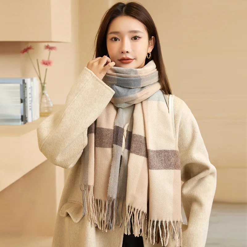

2022 New Women's Plaid Scarf Korean Sweet Girls Cashmere Shawls Wraps Elegant Vintage Pashmina Ladies Cashmere Couple Scarves