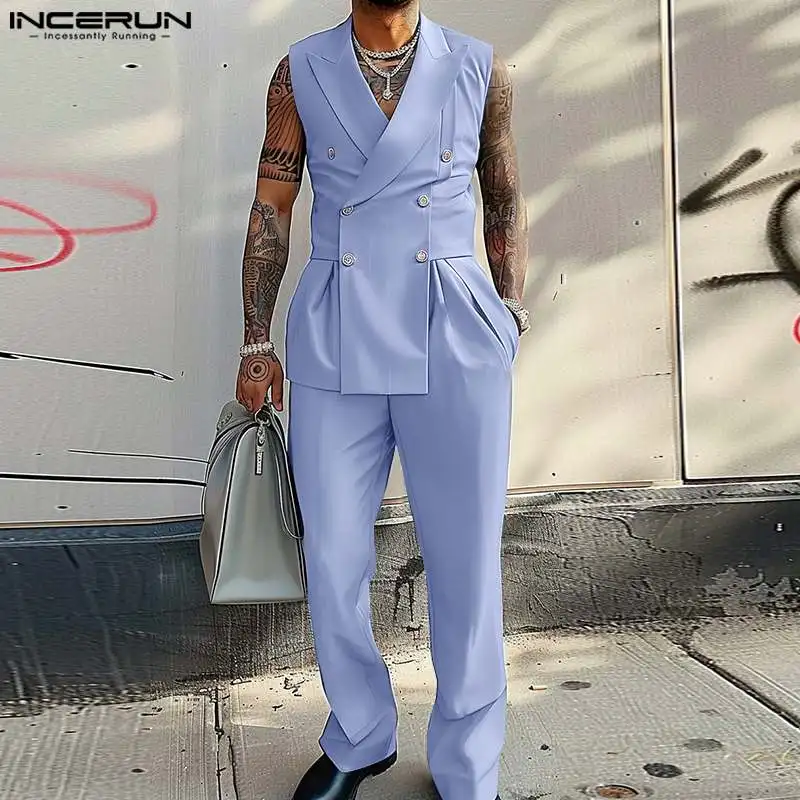 INCERUN Men Sleeveless Bodysuit Lapel Collar V Neck Double Breasted Blazer Suit Jumpsuit Solid Color Office Long Pants Overalls