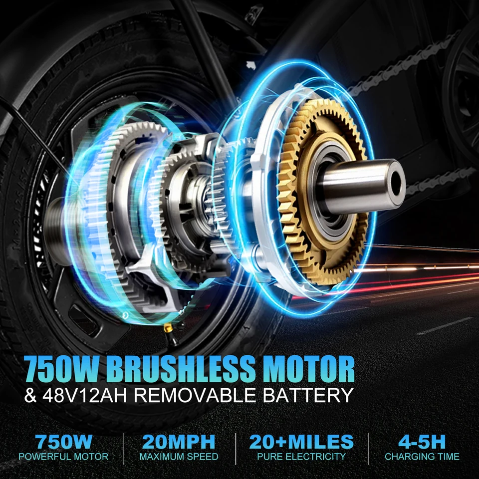 T5 Lightweight Folding Electric Bike for Adults 48V 750W Peak Power 20MPH 18-22 Miles Range 14Inch Disc Brake Commuter E-bike image 4