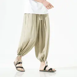 Japanese 100% Linen Streetwear Men's Drawstring Jogger Pants Summer Pocket Casual Hip Hop Trousers Retro Harem Cargo Pants