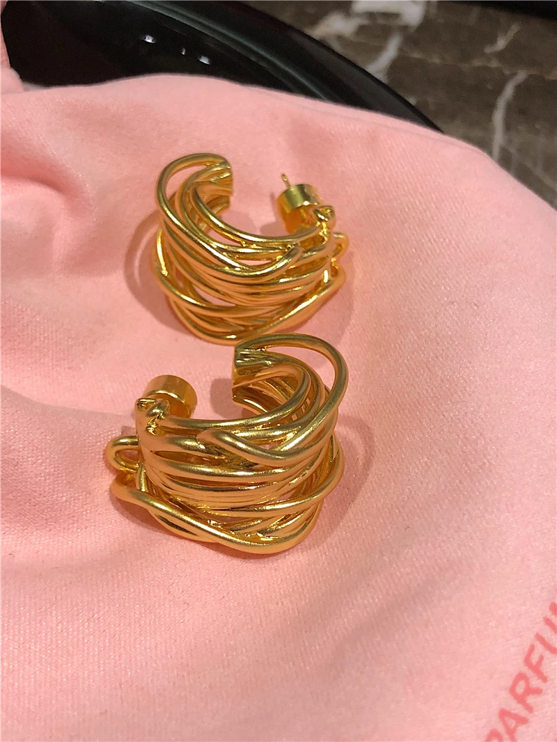 Brass With 18K Vintage Line Mixed Statement Hoop Earrings Punk Party Gown Runway Boucle d'oreille Korean Japan Style Fashion